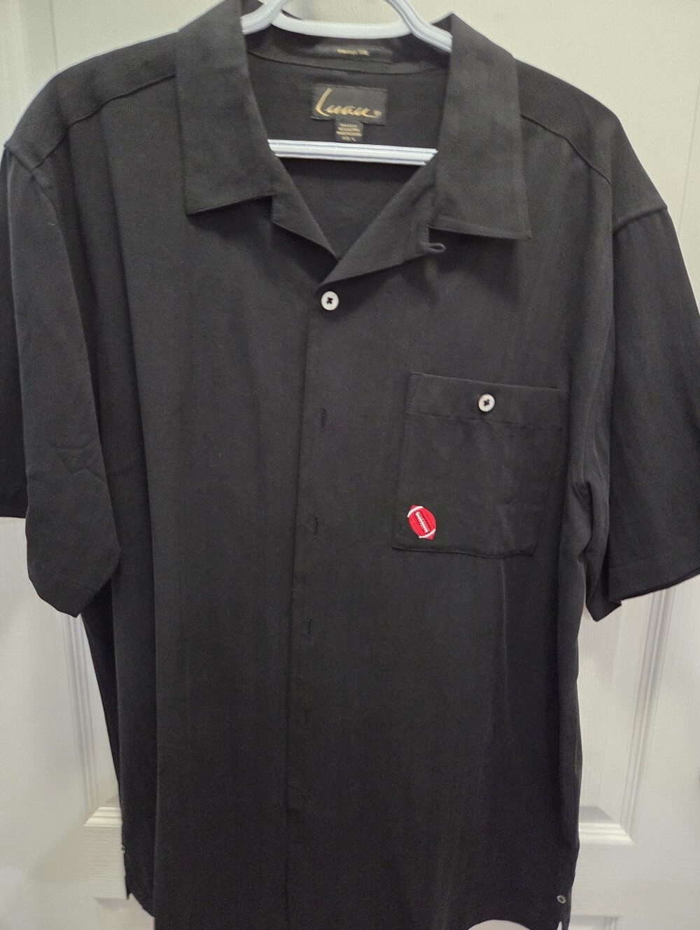 Luau Men's Silk Football Tailgate Shirt Is Black With An Embroideted Football